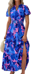 Summer Maxi Dress V Neck Puff Sleeve Smocked Waist - Flowy Boho