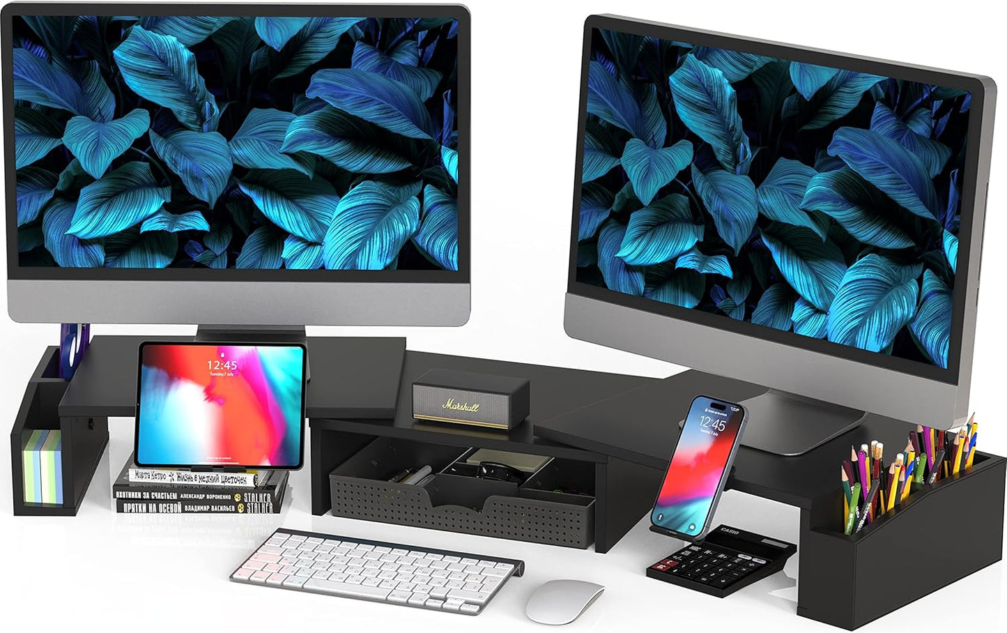 Desk Dual Monitor Stand with Drawer, Space-Saving Riser