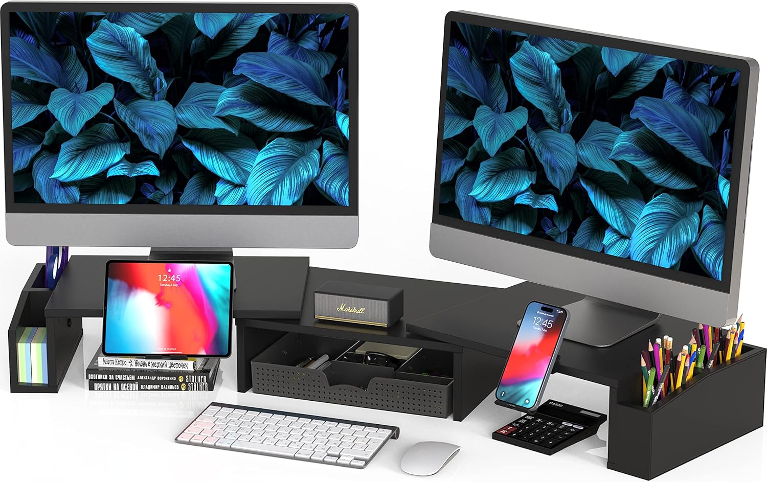 Desk Dual Monitor Stand with Drawer, Space-Saving Riser