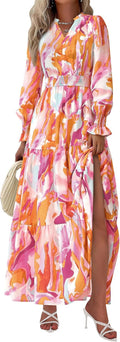 Women's Floral Maxi Dress Long Sleeve V Neck - Flowy Boho