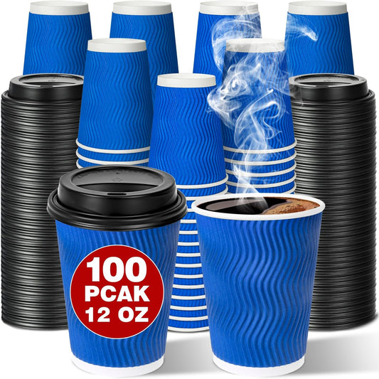 100 Pack 12oz Ginkgo Double Wall Insulated Cups, Blue Ripple Design