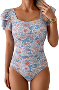 Tummy Control One Piece Swimsuit Ruffle Square Neck - Slimming Fit