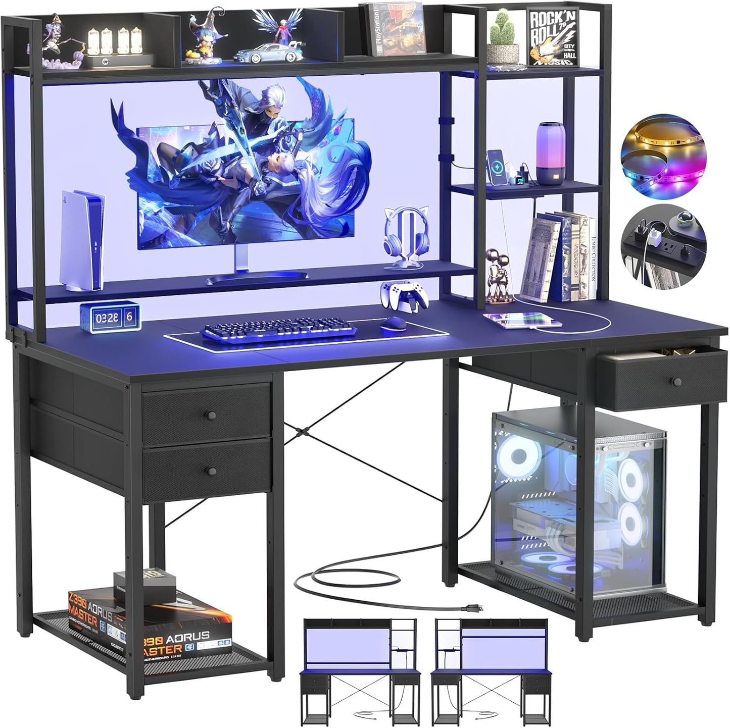 Reversible Gaming Desk with LED & Storage