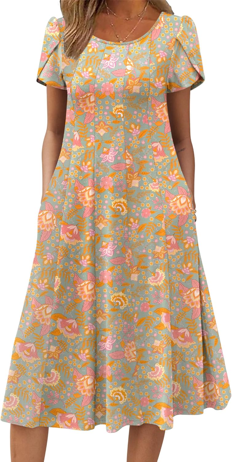 Zeagoo Womens Casual Dresses Short Sleeve Flare Midi Dress
