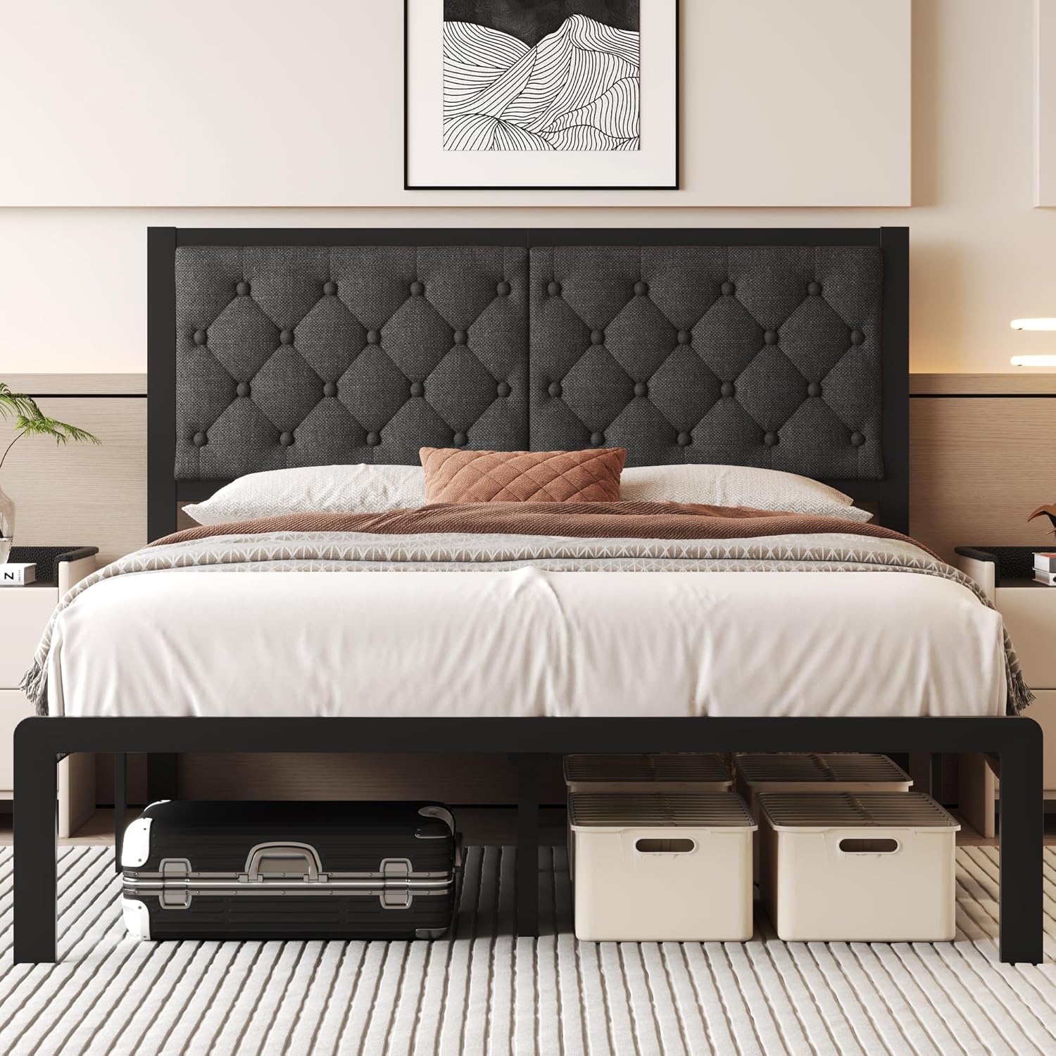 Queen Bed Frame with Upholstered Headboard for Comfort and Style