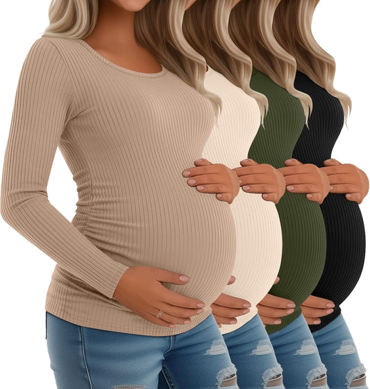 Riyiper Women's Maternity Shirts 4 Pack Long Sleeve Cotton Tees