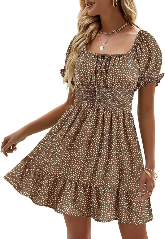 Heysolo Womens Boho Floral Smocked Square Neck Mini Dress