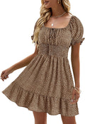 Heysolo Womens Boho Floral Smocked Square Neck Mini Dress - Easy