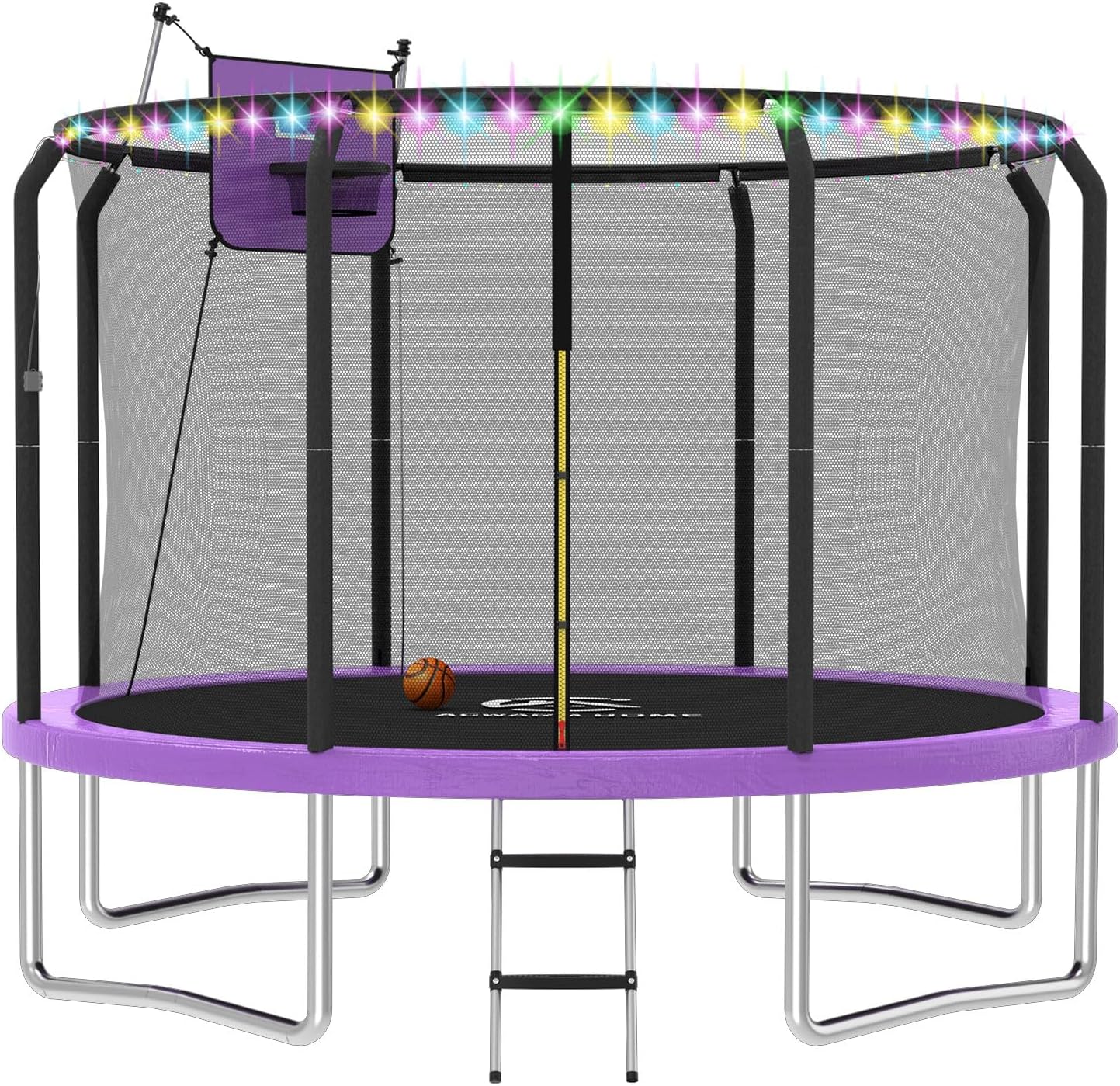Outdoor Trampoline with Basketball Hoop & LED Lights for Fun