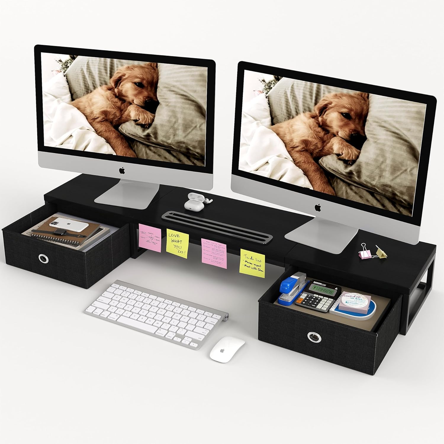 Dual Monitor Stand Riser with 2 Drawers for Home Office Use