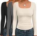 Ekouaer Womens 3-Pack Square Neck Long Sleeve Thermal Tops - Fitted
