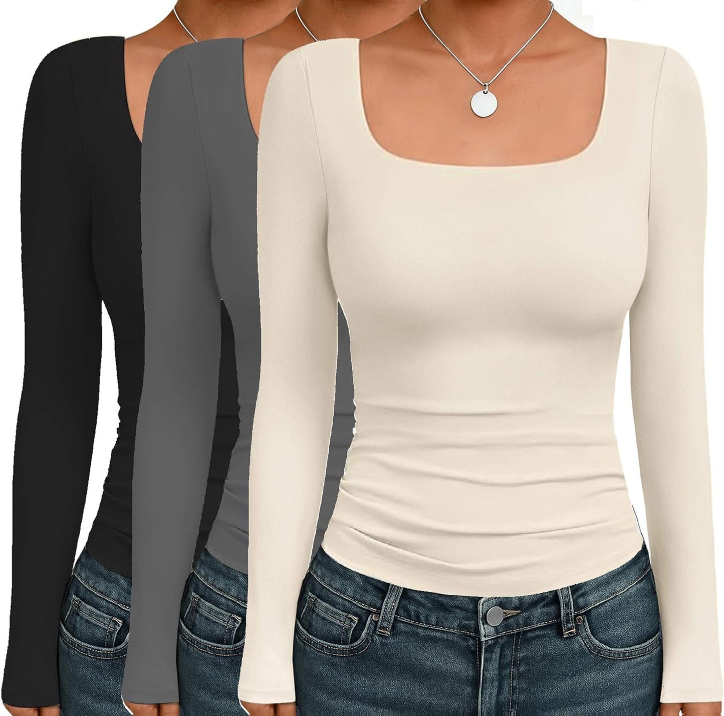 Ekouaer Womens Long Sleeve Square Neck Thermal Shirts 3 Pack