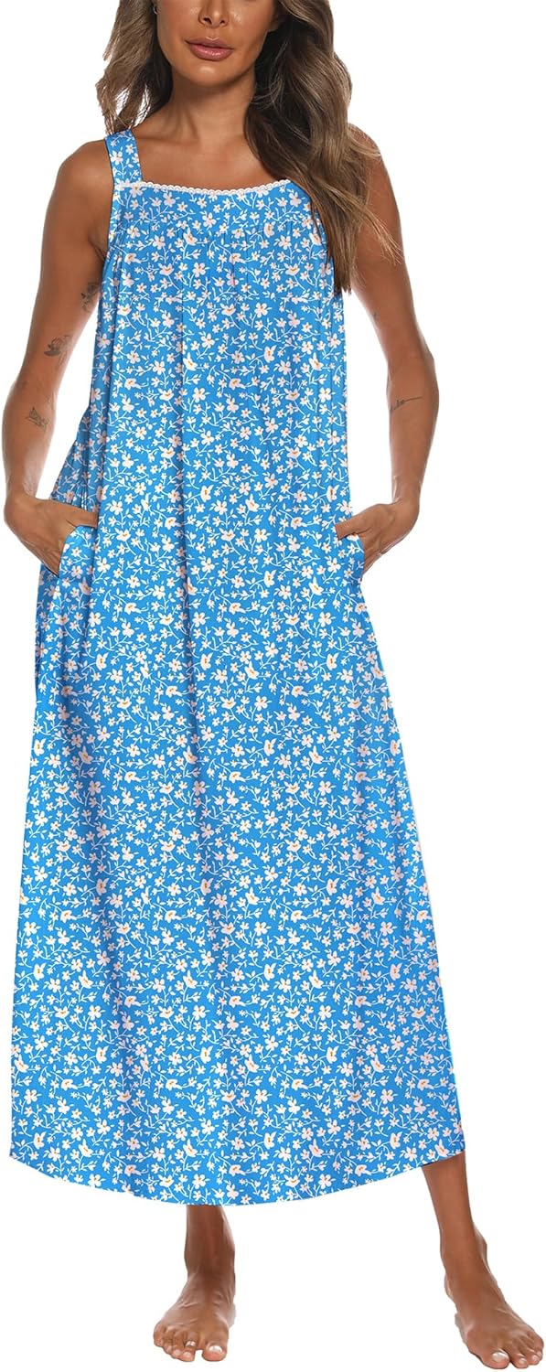 YOZLY Cotton Nightgowns for Women with Pockets and Embroidery