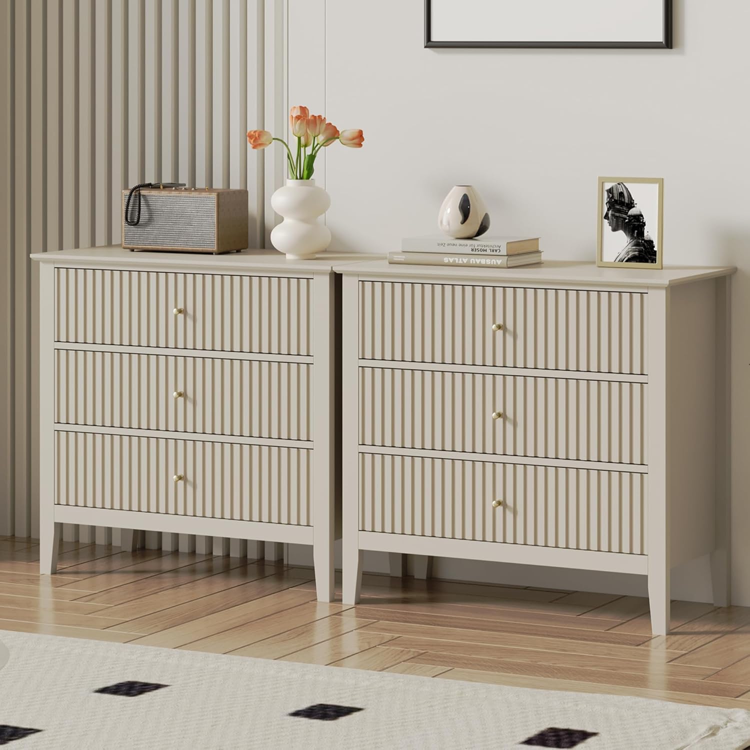 Fluted 3 Drawer Dresser Set of 2 for Modern Bedroom Storage