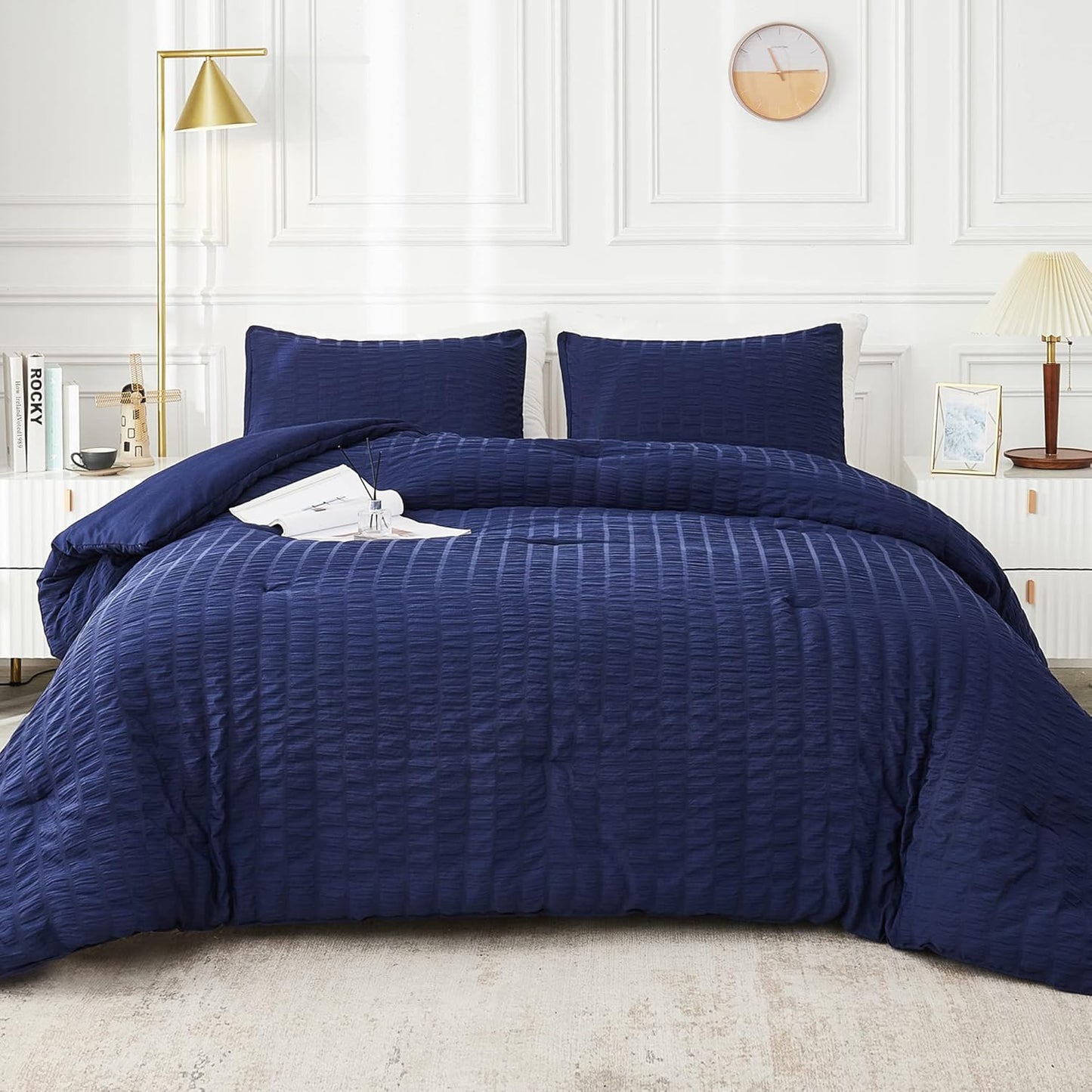 AveLom Navy Blue Seersucker Twin Comforter Set for All Seasons