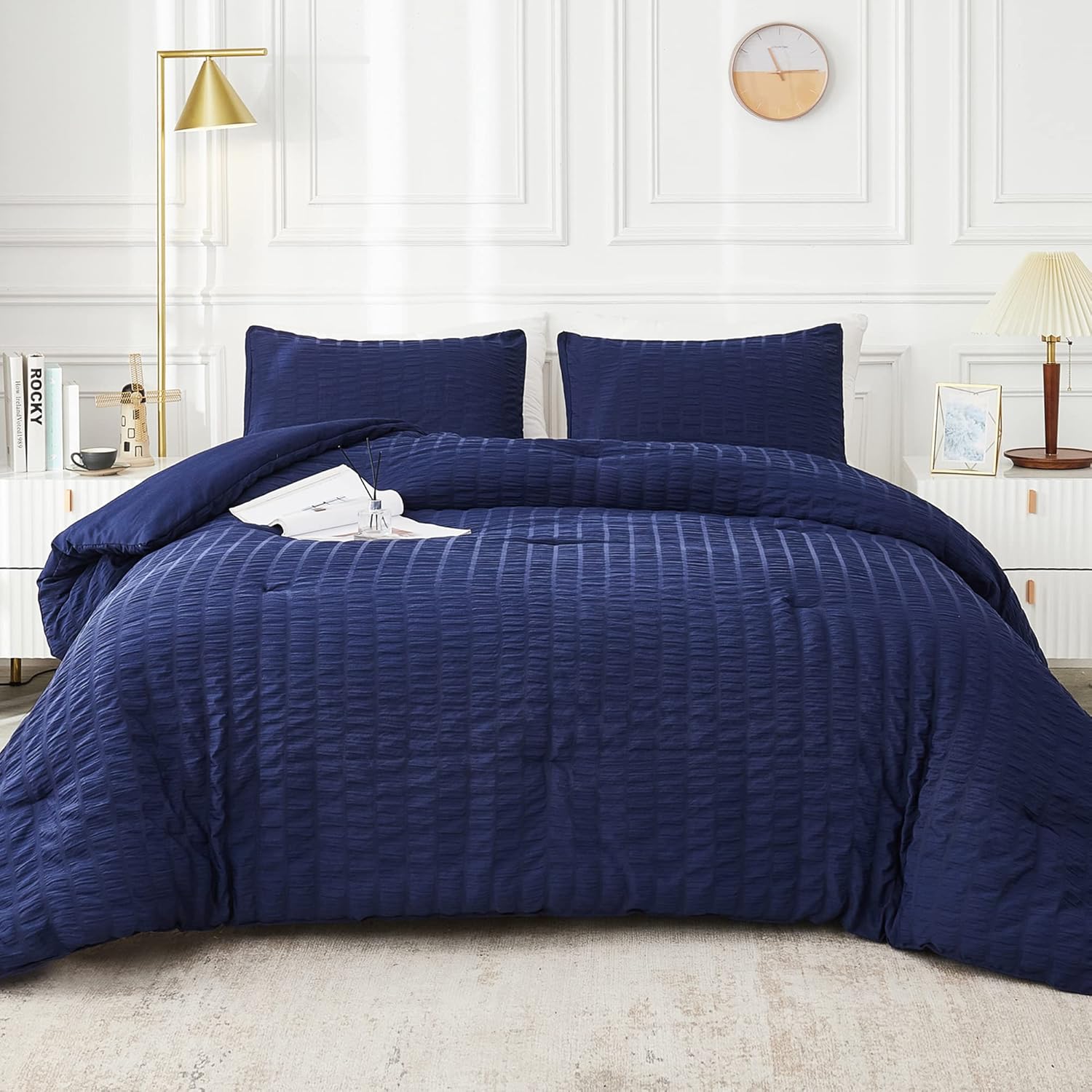 AveLom Navy Blue Seersucker Twin Comforter Set for All Seasons