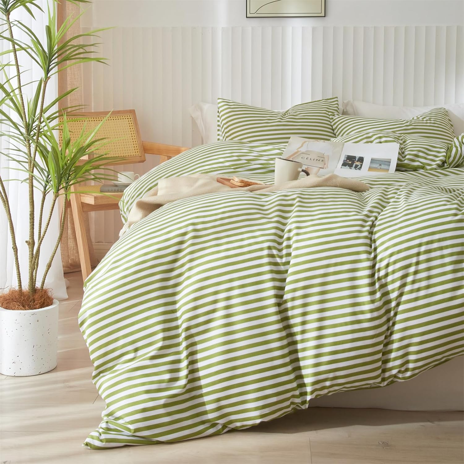 Striped Comforter Set King Size - Green White Stripes Bedding