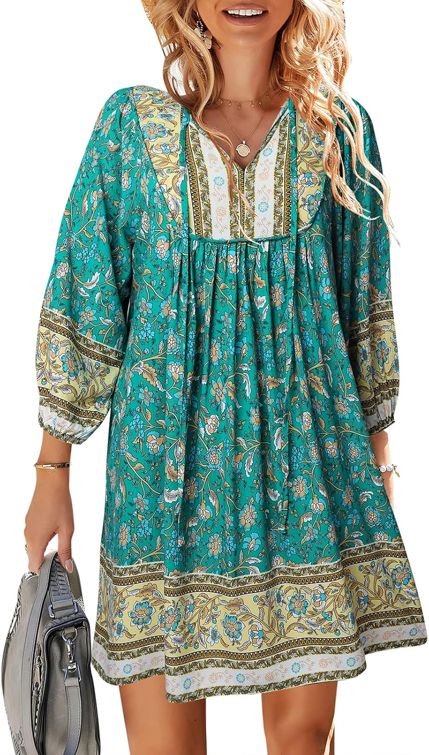 TEMOFON Women's Boho Mini Dress: Floral V Neck Casual Beachwear