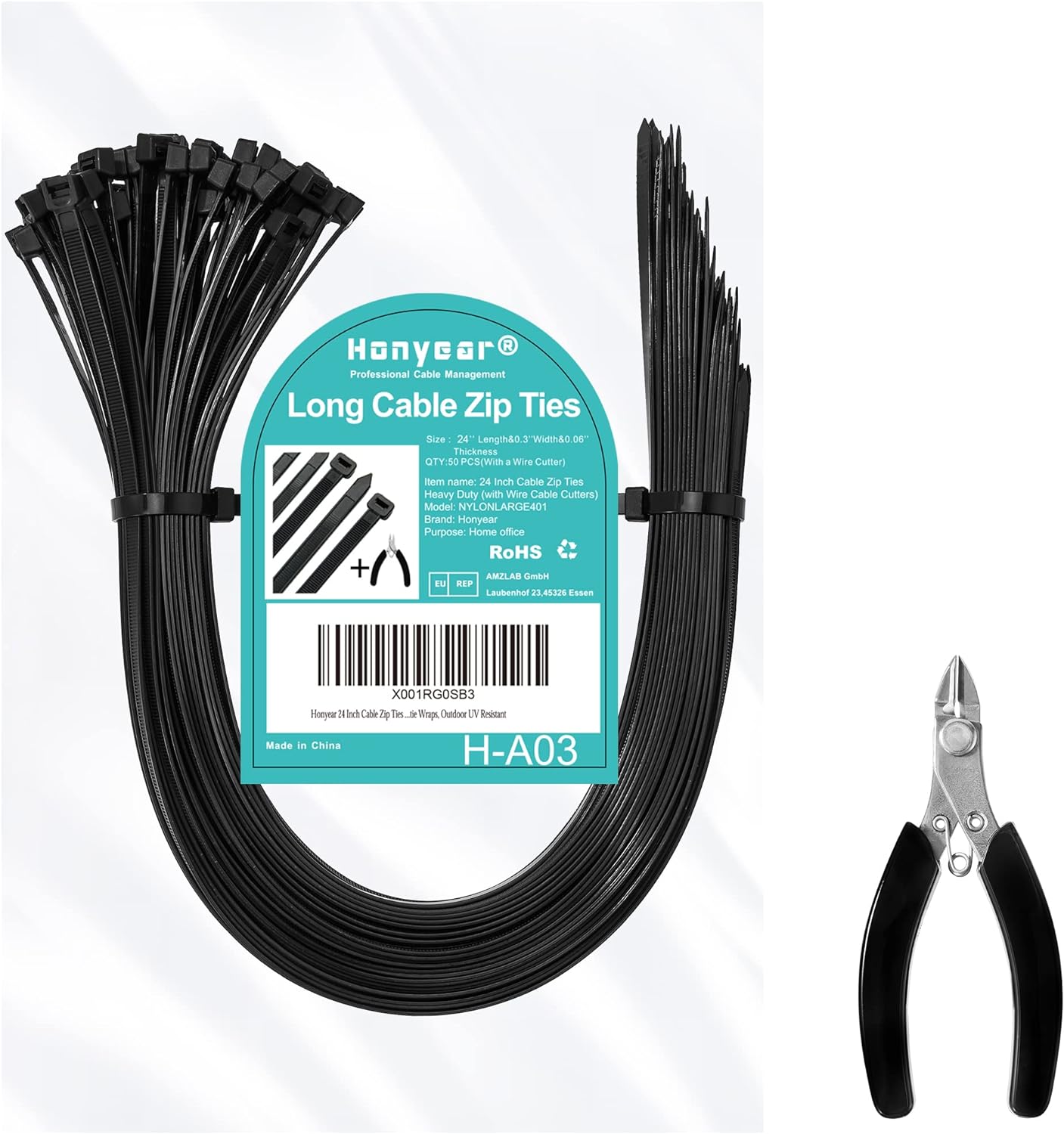 Honyear 24 Heavy Duty Cable Ties w/ Cutters - 175lb Tensile Strength, 50 Pack