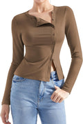 Women Button Down Ribbed Modal Top - Long Sleeve Fitted Shirt