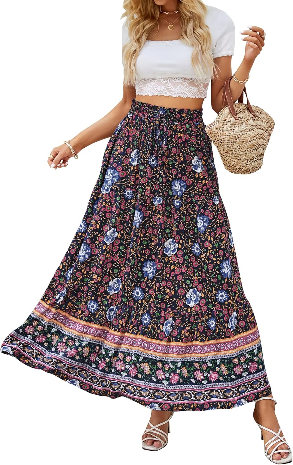 ZESICA Women's Bohemian Floral Printed Maxi Skirt with Pockets