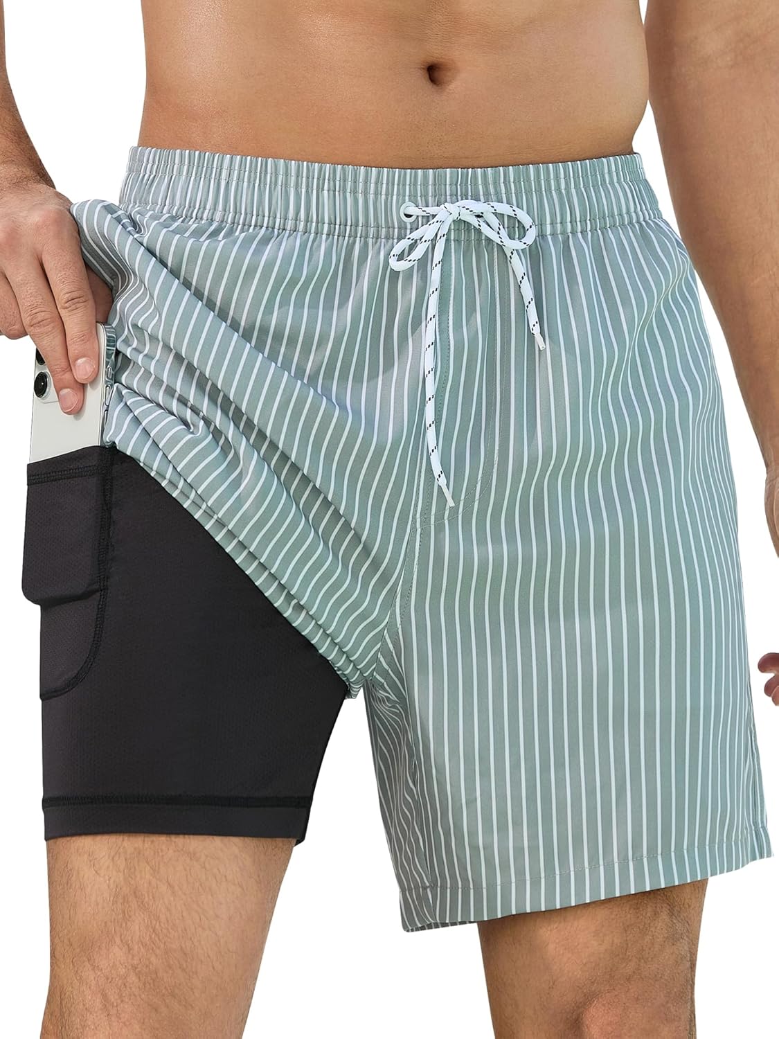 SILKWORLD Mens Swim Trunks with Compression Liner for Comfort