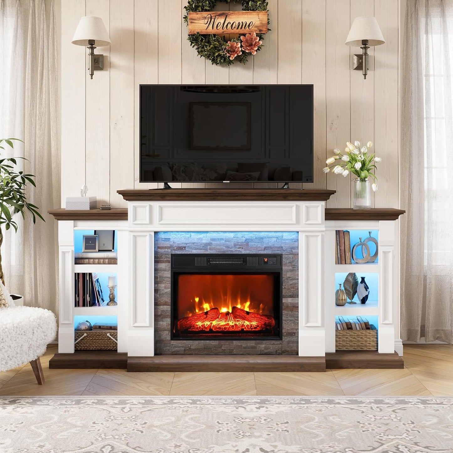 Modern 70 Electric Fireplace TV Stand - Remote Control, Stone Surround