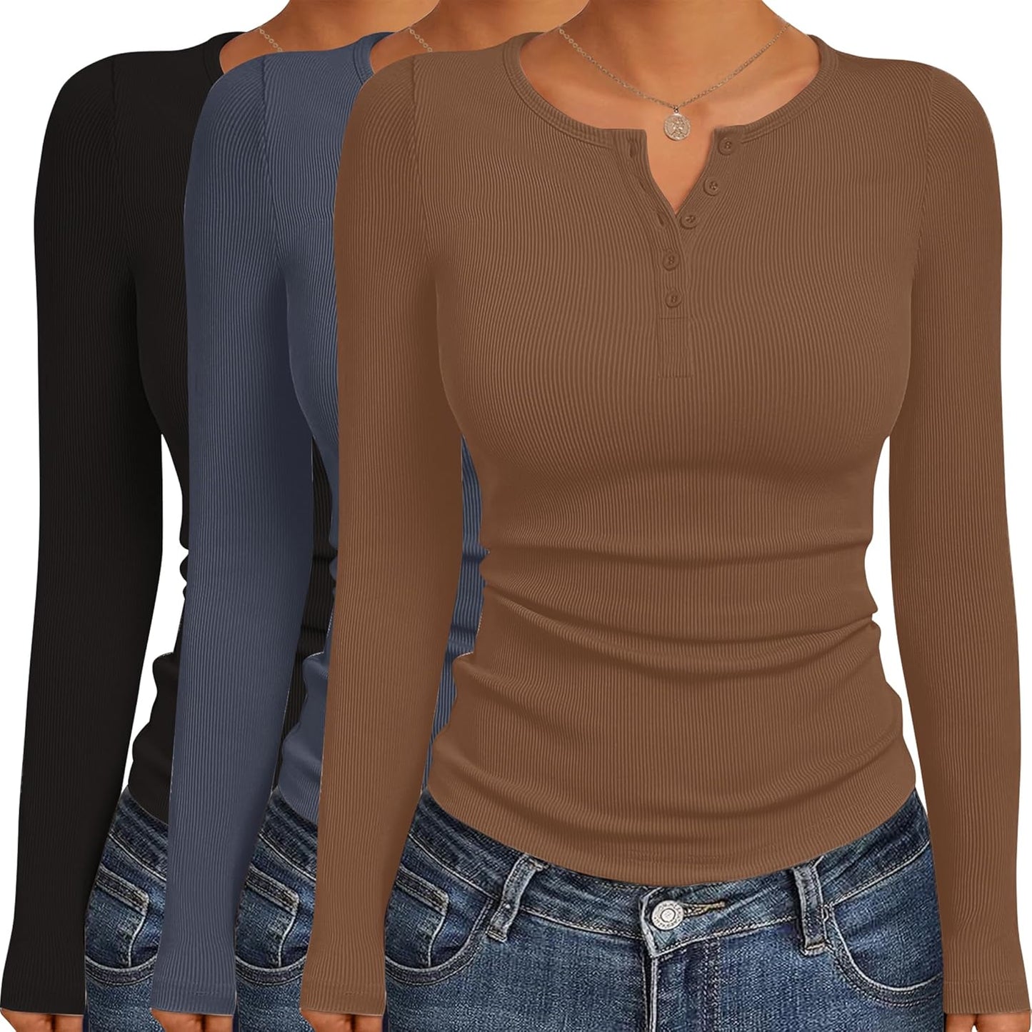Ekouaer Women's Long Sleeve Henley Button Down Tops 3 Pack