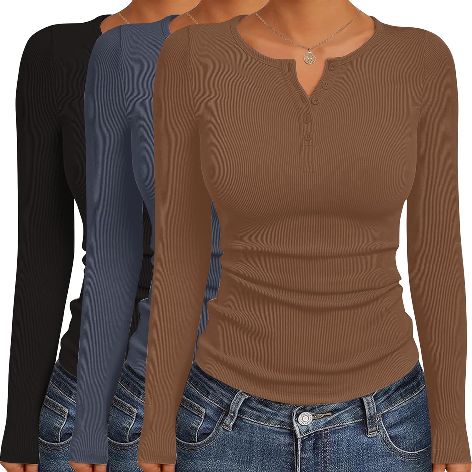 Ekouaer Women's Long Sleeve Henley Button Down Tops 3 Pack