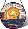 Stained Glass Window Hanging Sailboat and Waves - Colorful Suncatcher