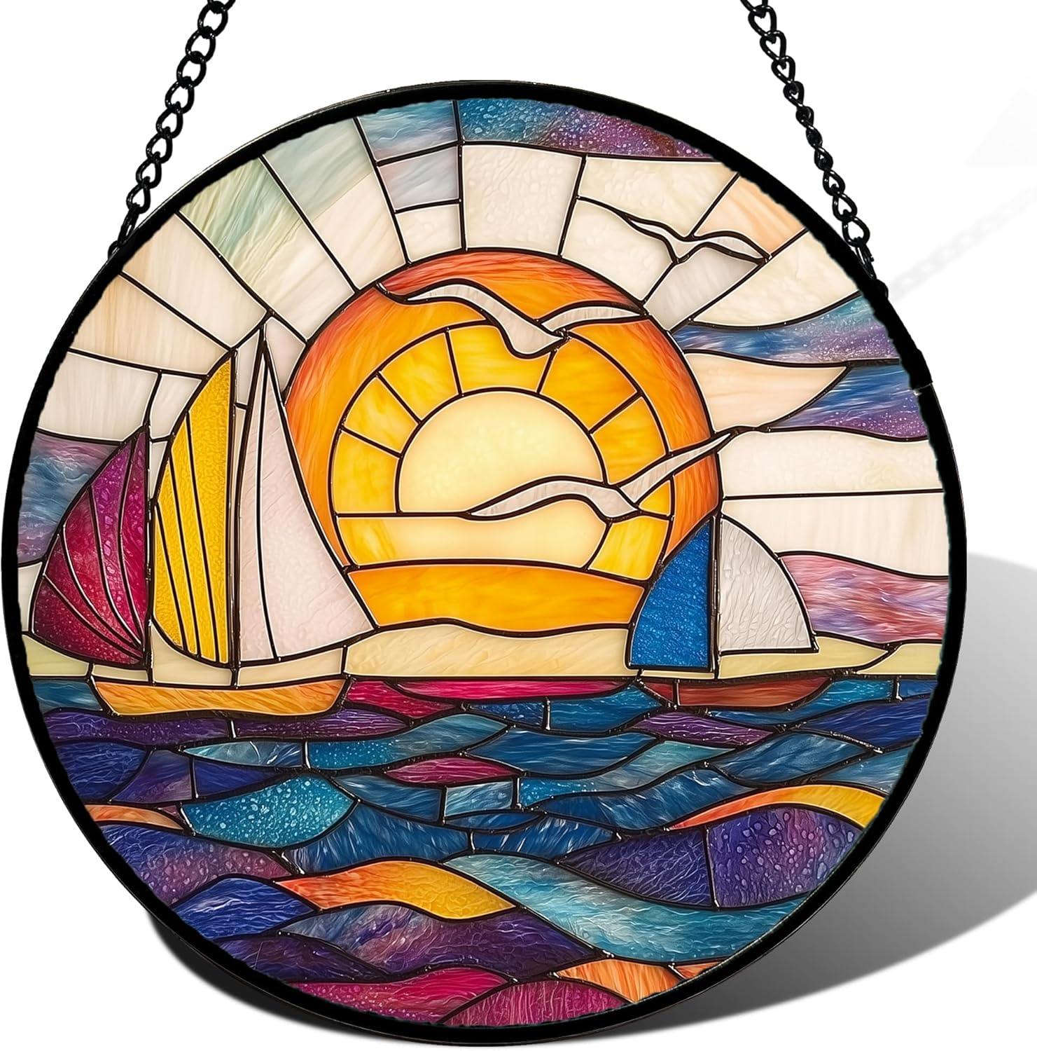 Stained Glass Window Hanging Sailboat and Waves Suncatcher