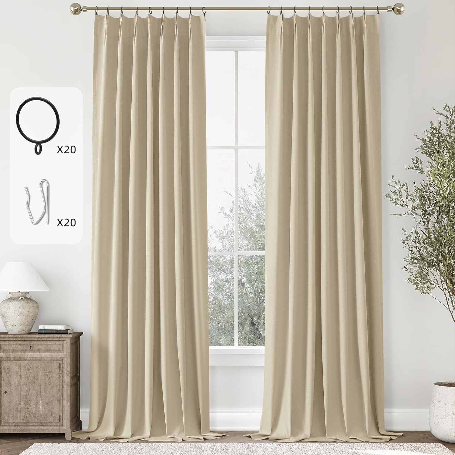 ChrisDowa Cream Pinch Pleated Blackout Curtains for Home