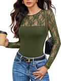 Lace Long Sleeve Bodysuit for Women - Slimming Crew Neck Fit