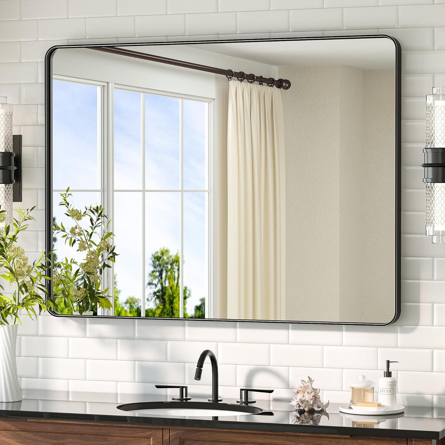 TETOTE Black Mirror 40x30 Matte Black Metal Framed Vanity