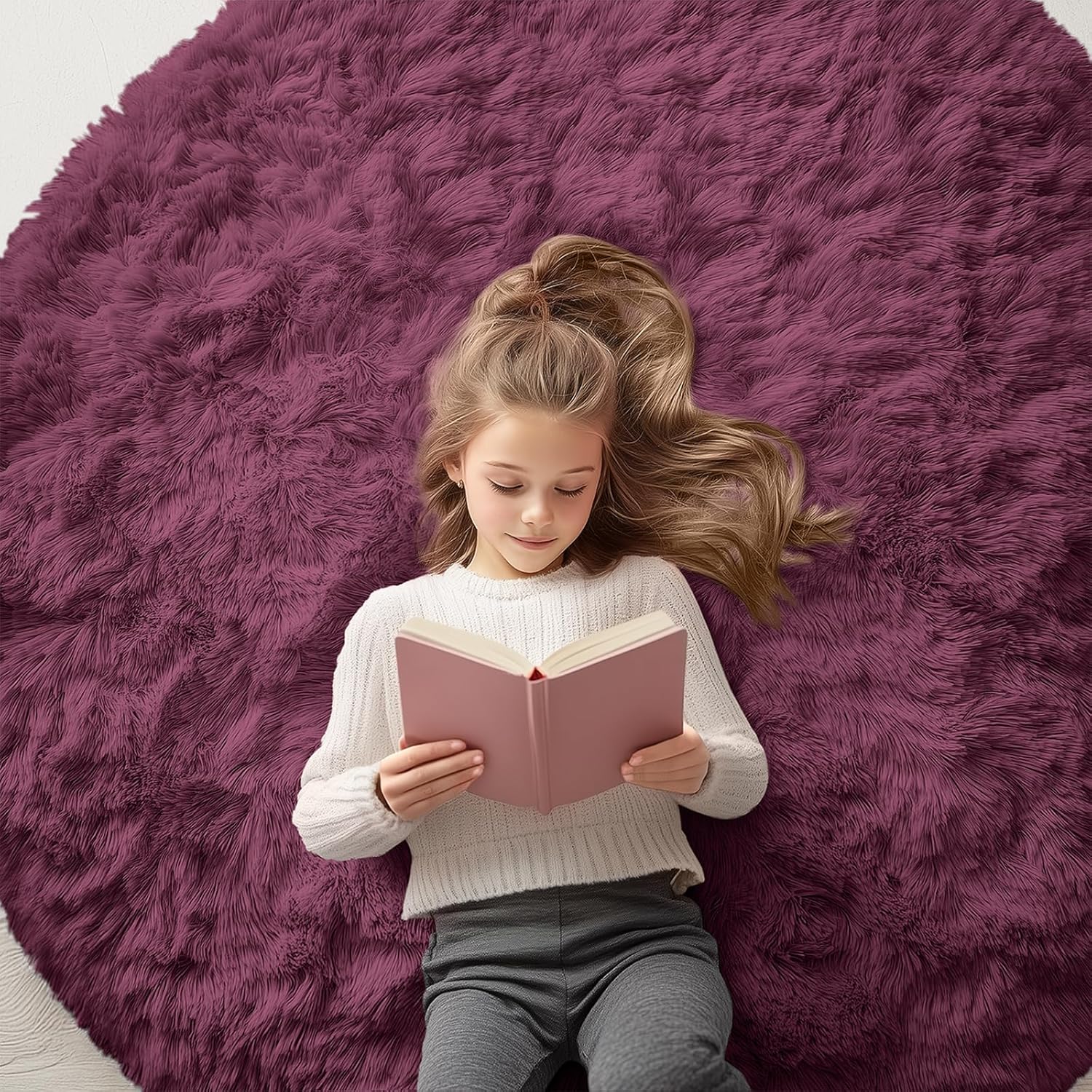 OLANLY Burgundy Round Rugs for Bedroom - Soft and Fluffy Design