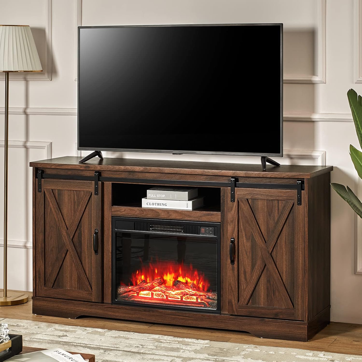 AMERLIFE Fireplace TV Stand with Sliding Barn Door for 65 TVs