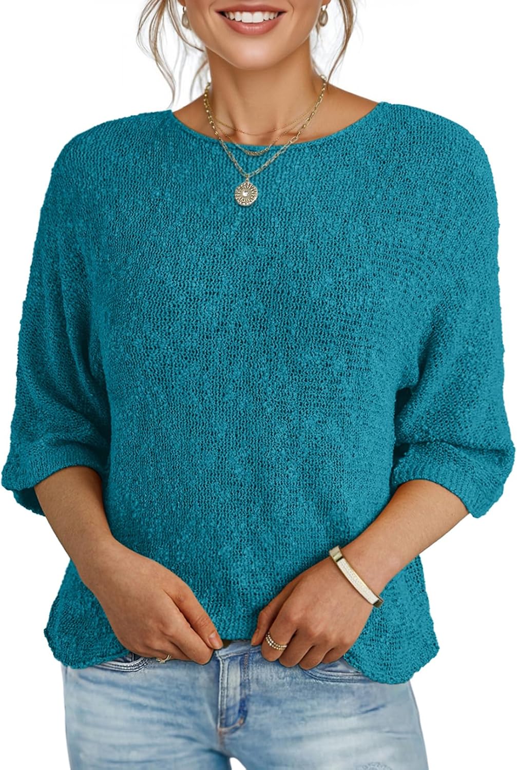 Dokotoo Womens Casual Crewneck Striped Lightweight Knit Sweater