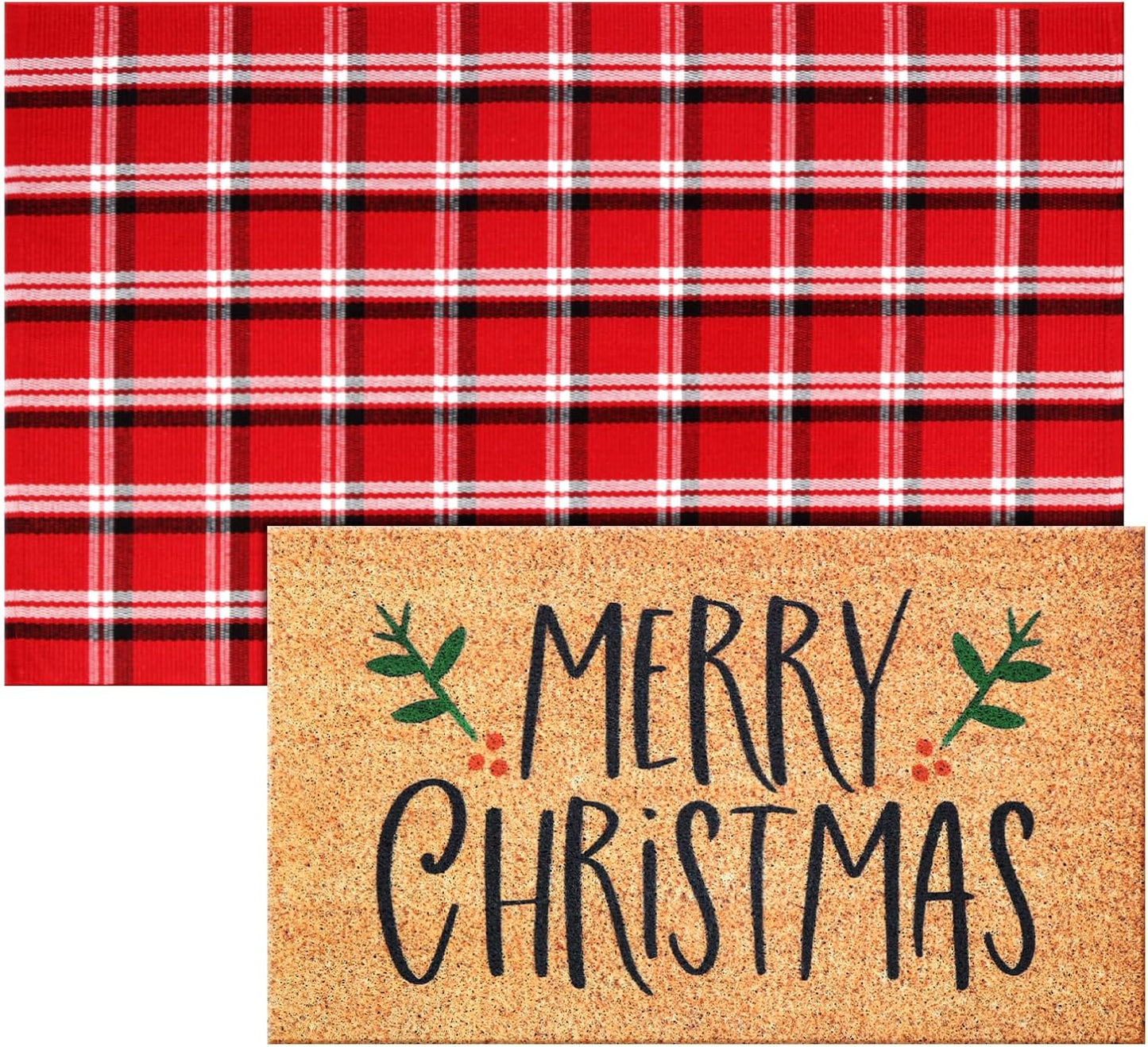 Merry Christmas Outdoor Doormat Set with Buffalo Plaid Design