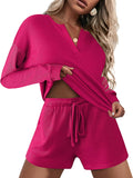 Ekouaer Pajama Set for Women Waffle Knit Long Sleeve Top and Shorts is