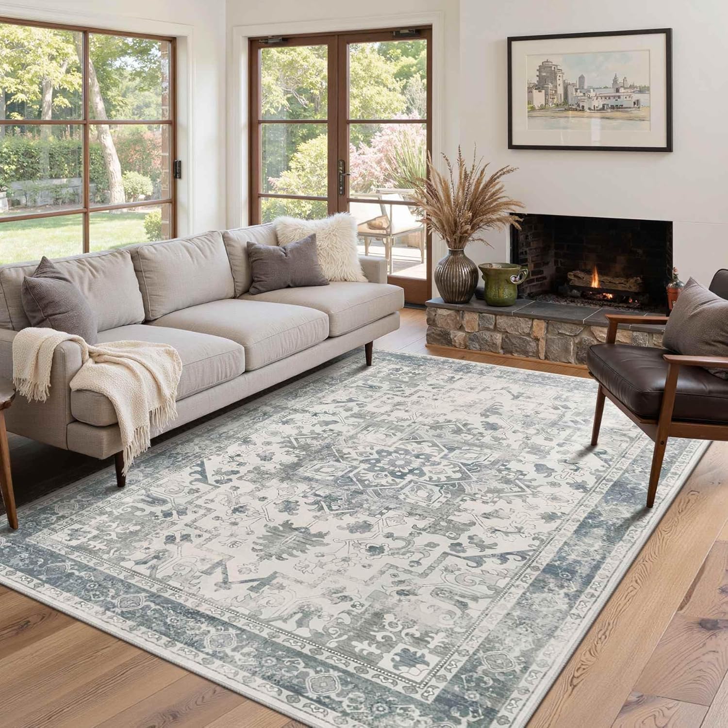 Washable Area Rug for Living Room, Durable Low Pile Carpet