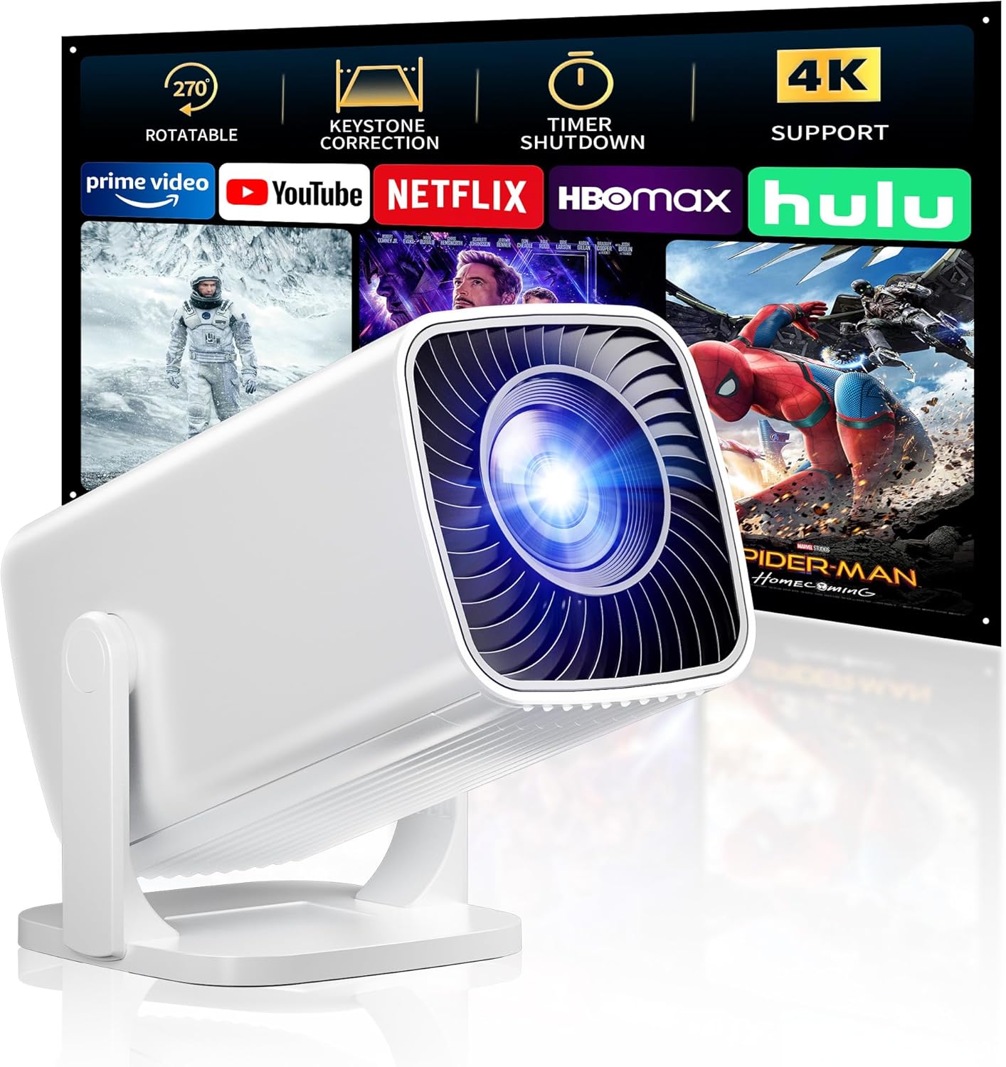 Portable 4K Mini Projector, Rotating Outdoor Cinema, 200 Screen, Smartphone Compatible