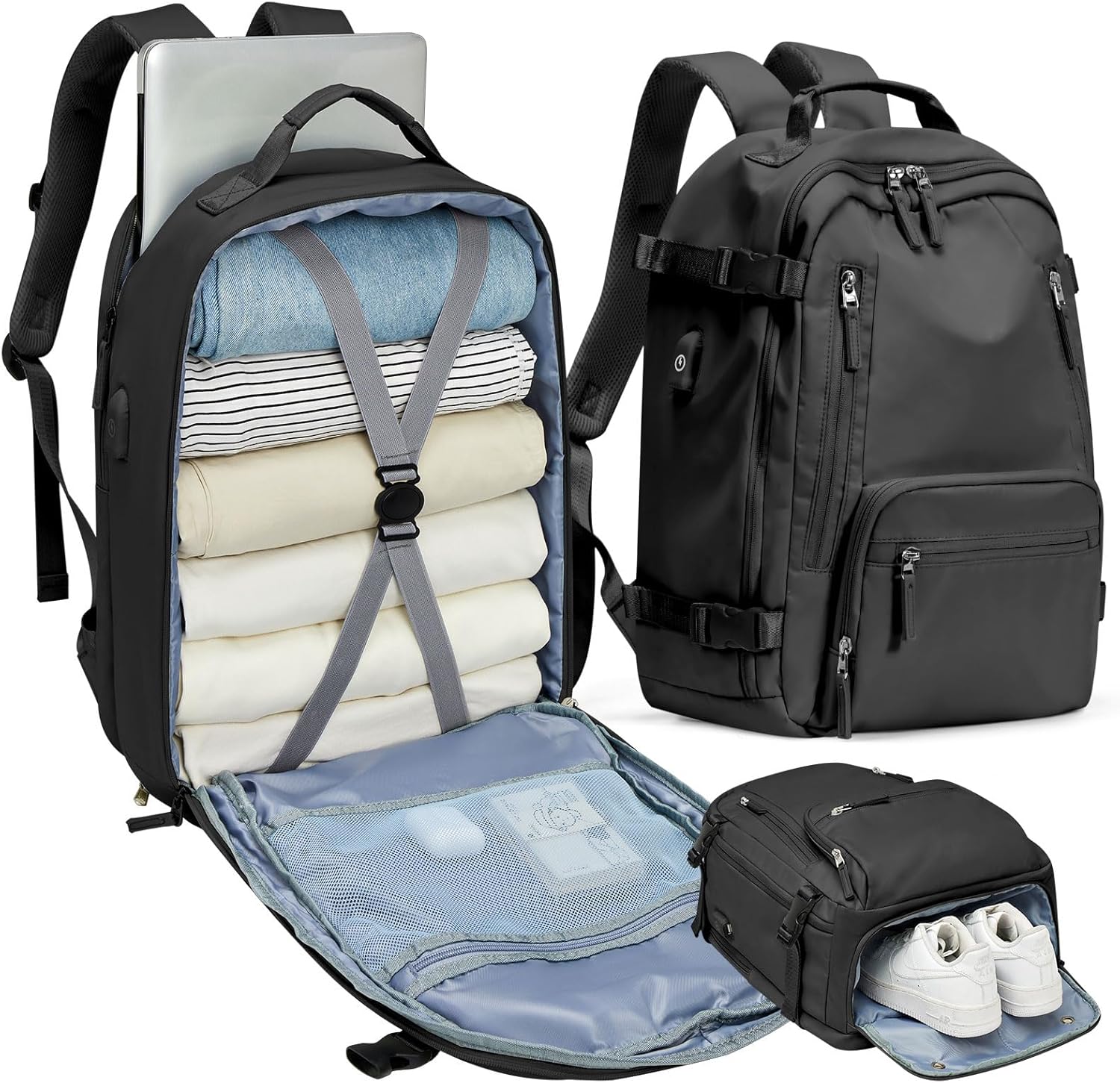 BJLFS Travel Backpack with USB Charging Port & Shoe Pouch