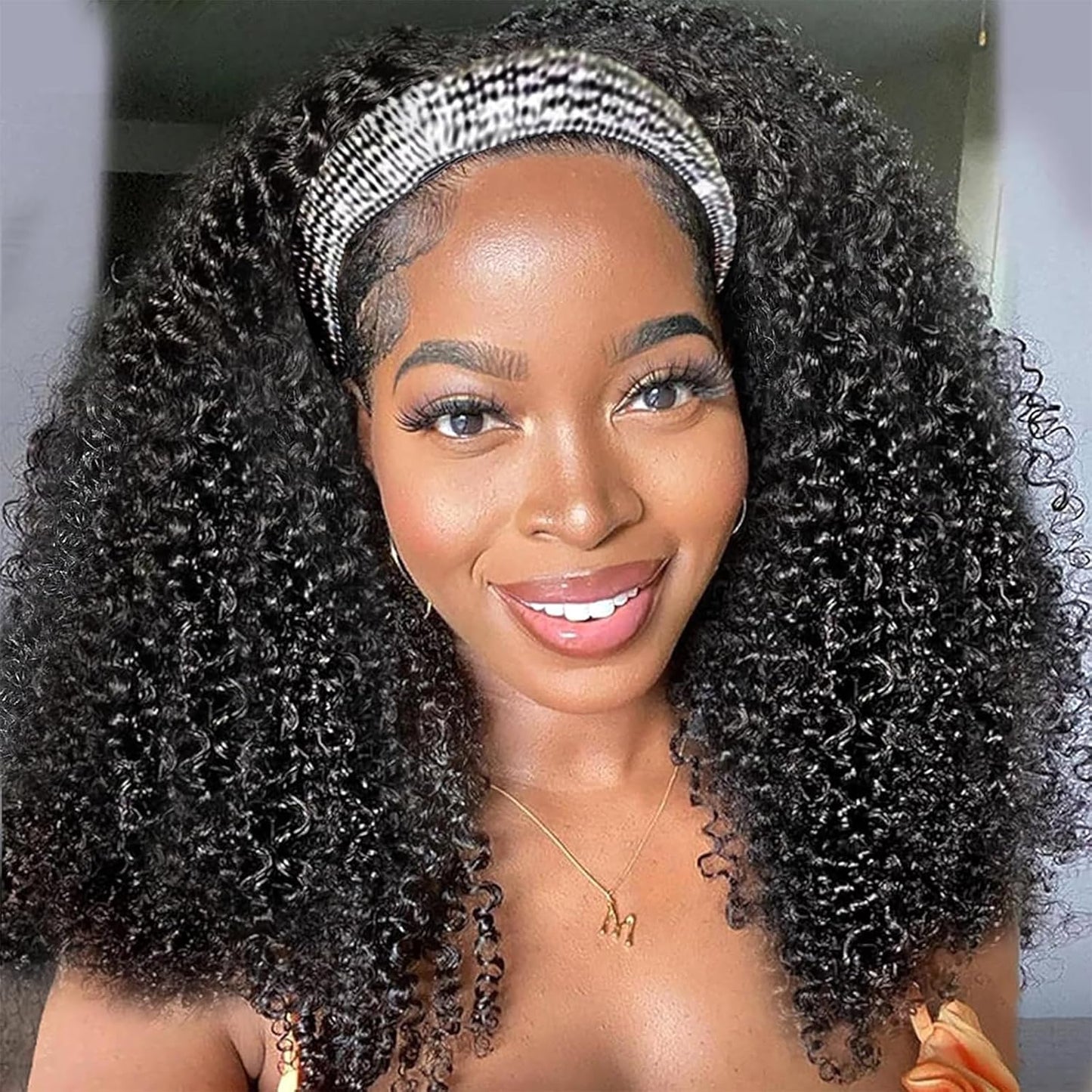 Kinky Curly Headband Wig Human Hair for Black Women 18 in