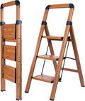 Step Ladders Folding 3-Step Woodgrain Finish Aluminum Foldable Step
