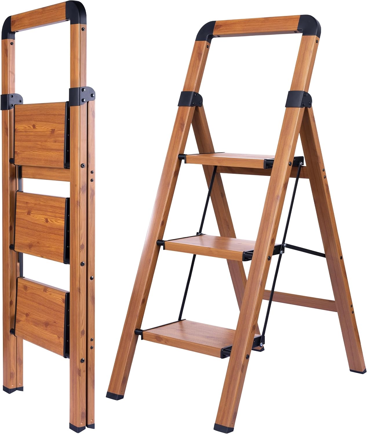 Folding 3-Step Woodgrain Finish Aluminum Step Ladder for Home
