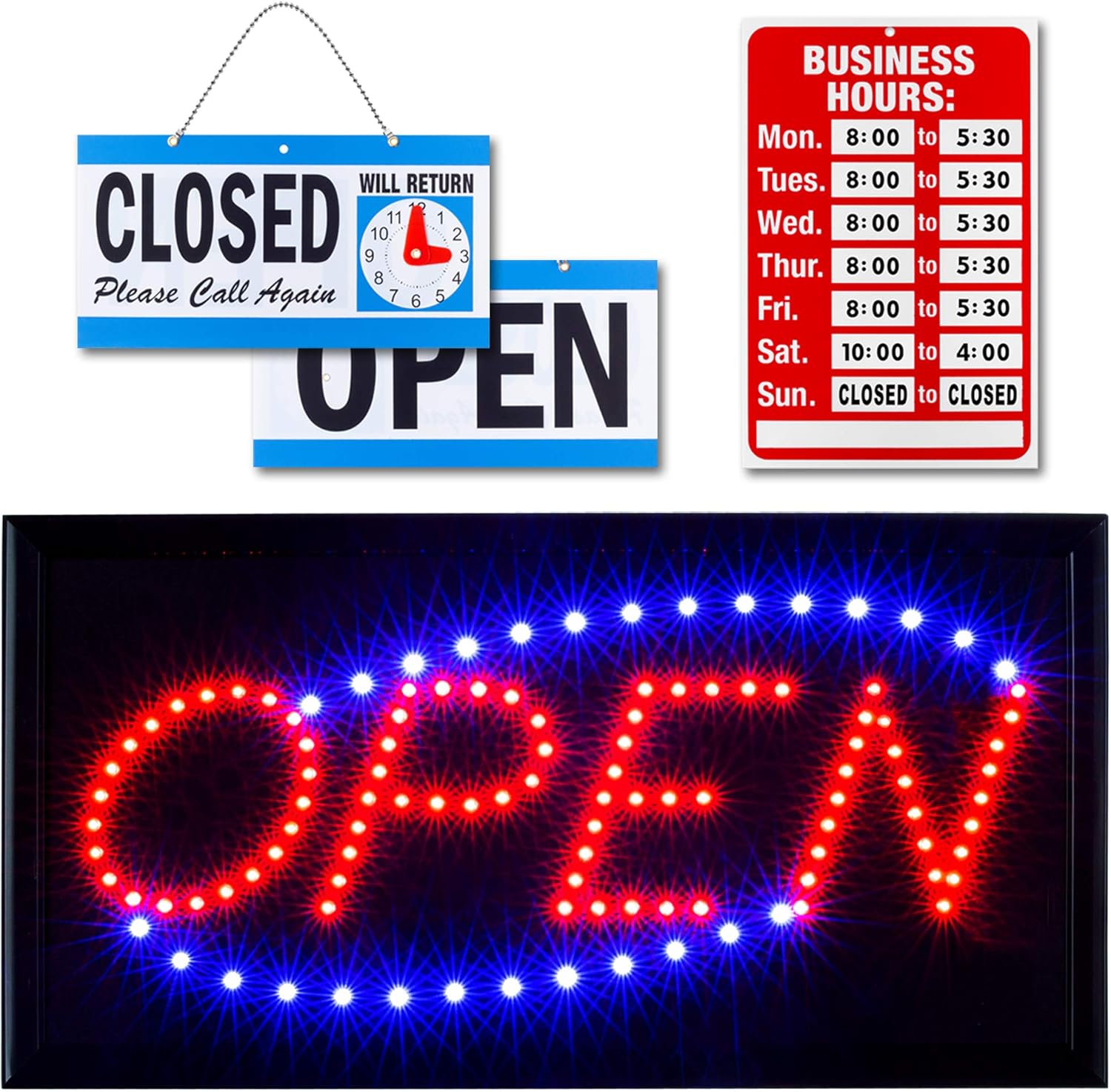 Neon Open Sign for Business: LED Horizontal Sign with Hours