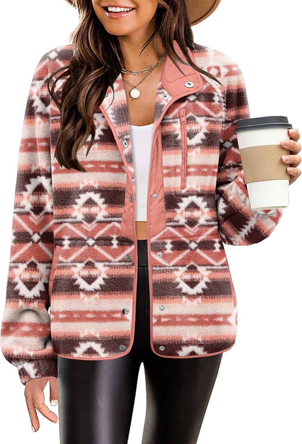 Cozy Fleece Jacket for Women with Western Aztec Print Design
