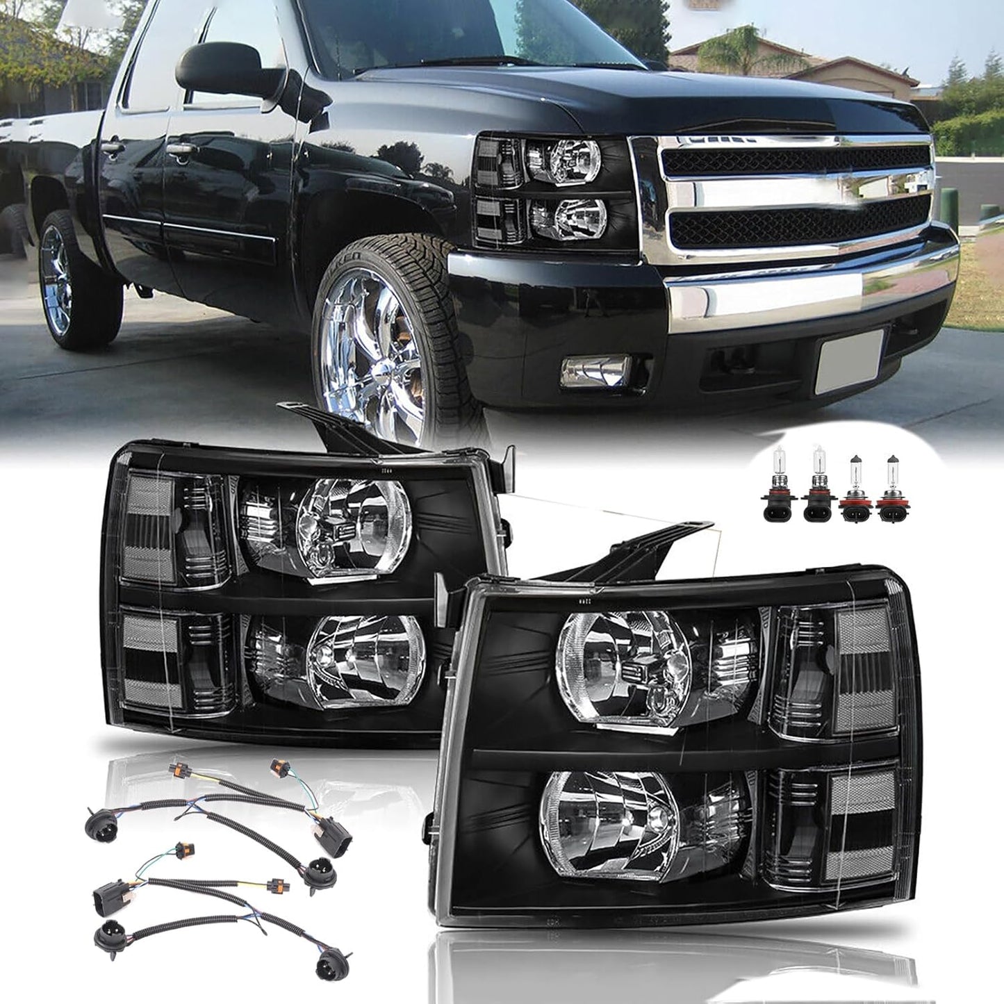 Headlights Assembly w/Bulb & Wiring Harness for Chevy Silverado