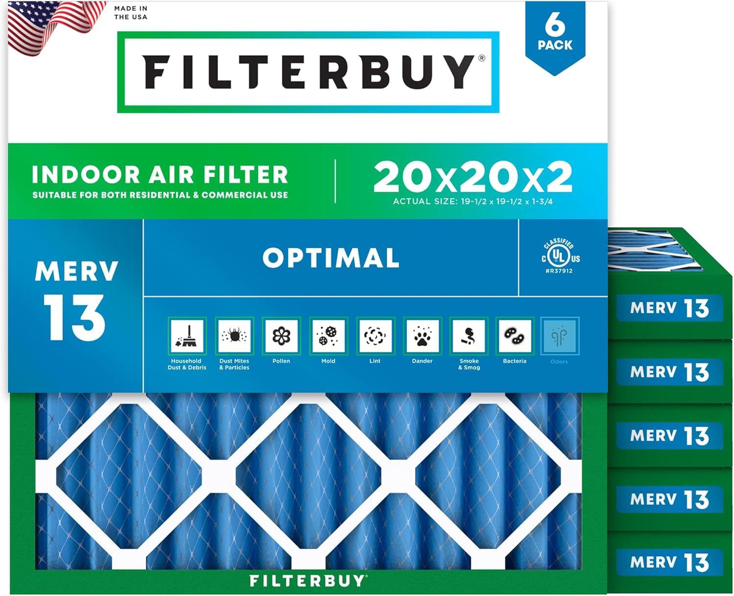 Filterbuy 20x20x2 Air Filter MERV 13 for Smoke & Allergy Defense