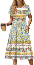 Women Summer Short Sleeve Midi Dress with Pockets - Flowy Floral Fit